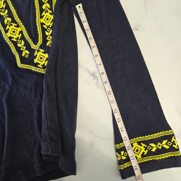 Tory Burch Terry Cloth Tunic Small Navy Yellow Embroidered Plunge Flare VTG Y2K - Picture 10 of 11